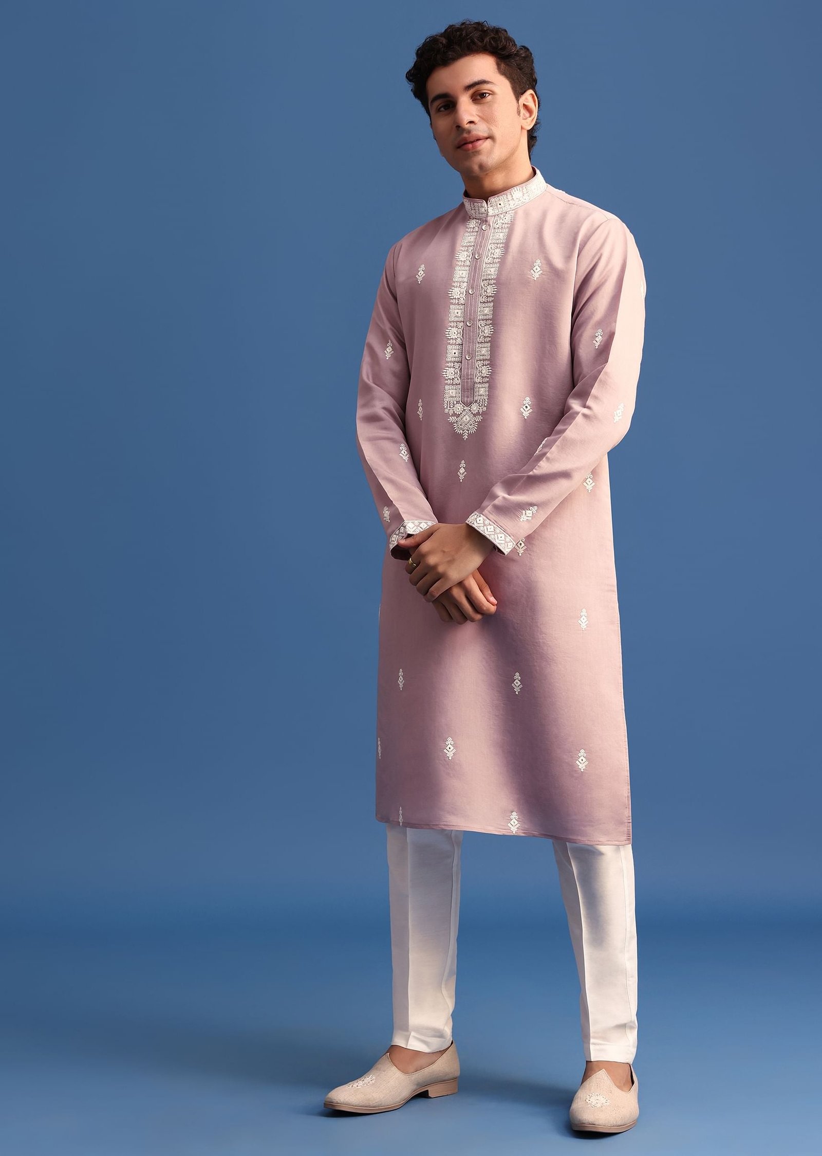 Purple Silk Resham Embroidered Kurta Set - Image 4