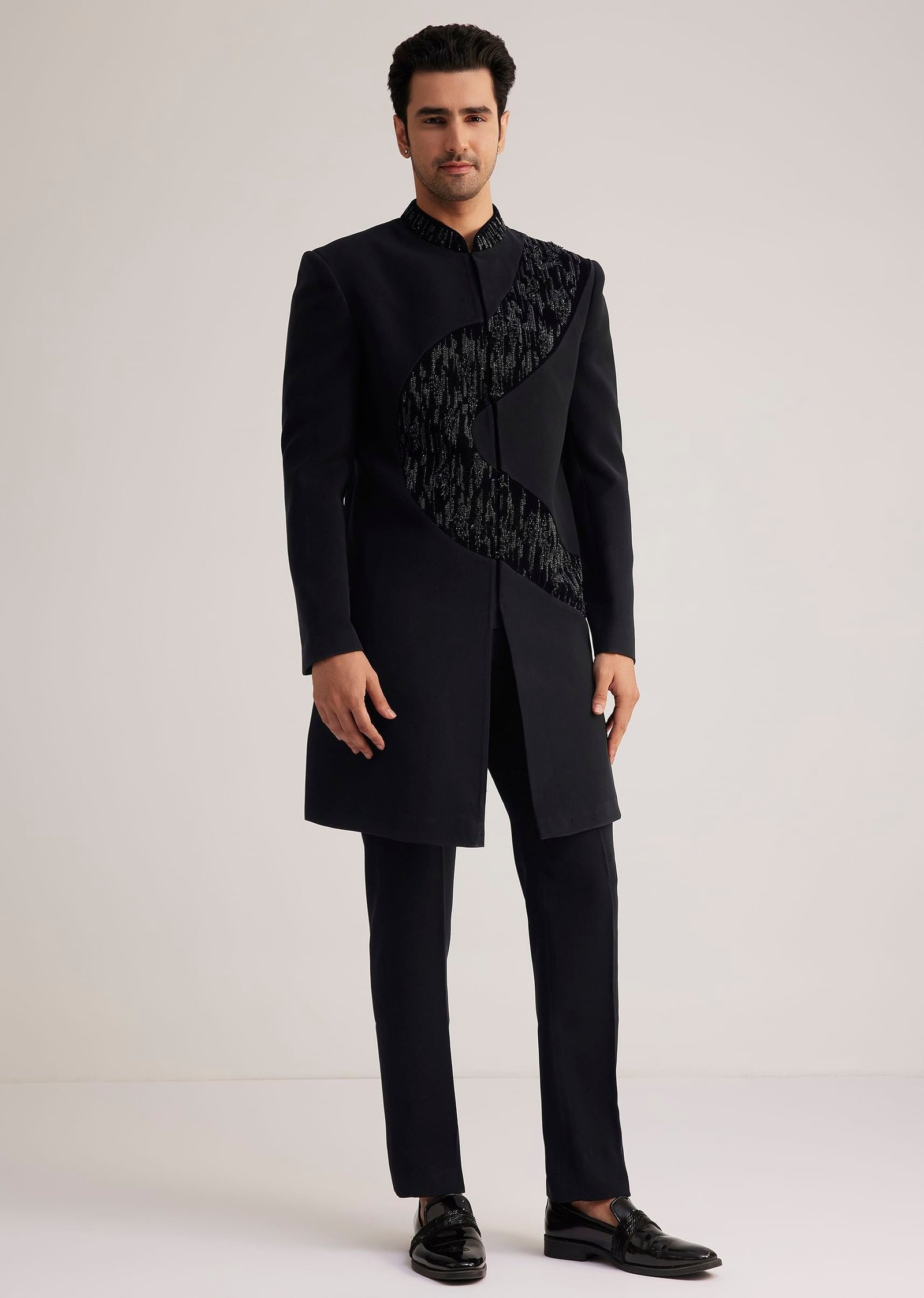 Black Velvet Indowestern Set With Cut Work Embroidery - Image 4