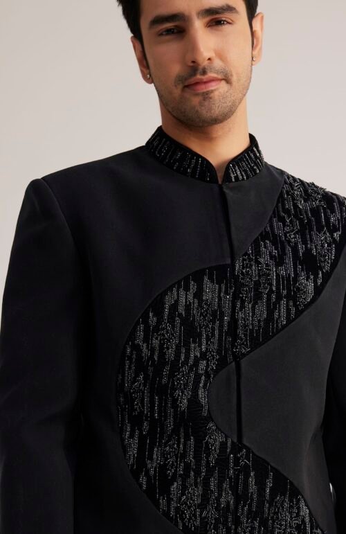 Black Velvet Indowestern Set With Cut Work Embroidery